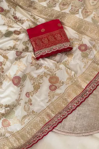 Off White Color Dola SIlk Blnd Zari Weaving Wedding Saree 