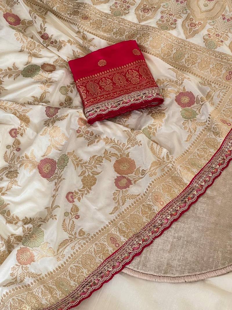 Off White Color Dola SIlk Blnd Zari Weaving Wedding Saree 