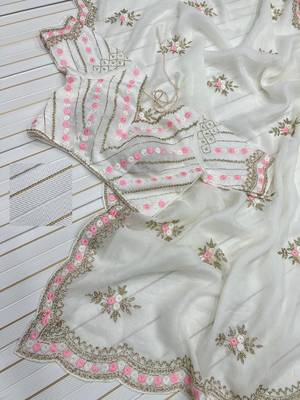 White Color Partywear Embroidered Chiffon Saree 1
