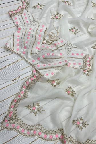 White Color Partywear Embroidered Chiffon Saree
