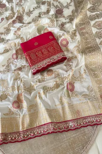 Off White Color Dola Silk Zari Weaving Wedding Saree 