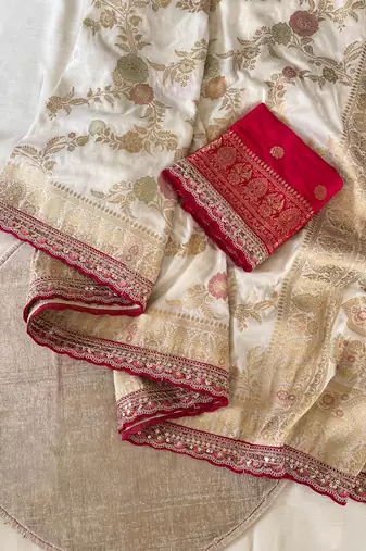 Off White Color Dola Silk Zari Weaving Wedding Saree 