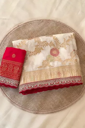 Off White Color Dola Silk Zari Weaving Wedding Saree 