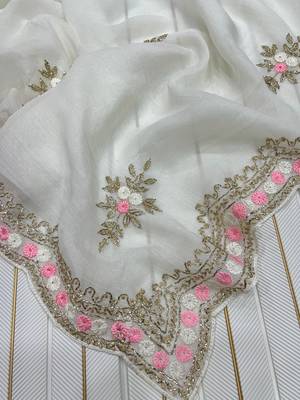 White Color Partywear Embroidered Chiffon Saree 2