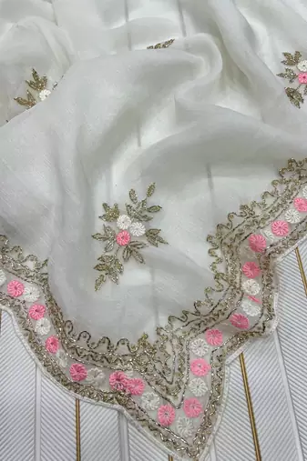 White Color Partywear Embroidered Chiffon Saree