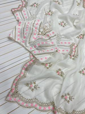 White Color Partywear Embroidered Chiffon Saree 3