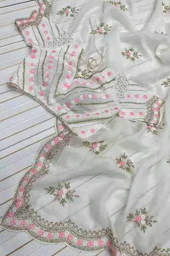 White Color Partywear Embroidered Chiffon Saree