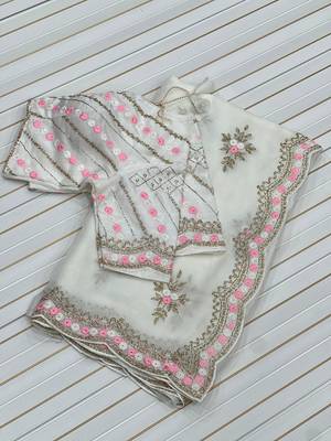 White Color Partywear Embroidered Chiffon Saree 4