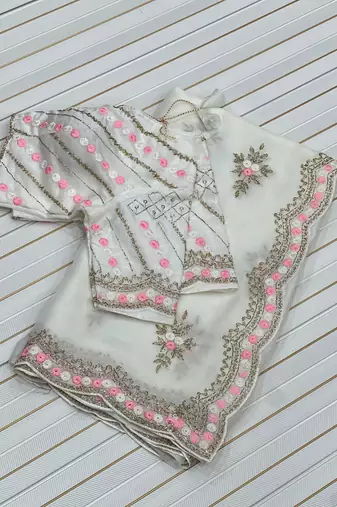 White Color Partywear Embroidered Chiffon Saree