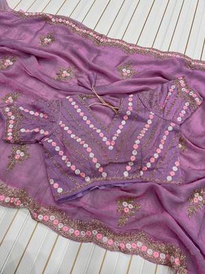 Lavender Color Partywear Embroidered Chiffon Saree 1
