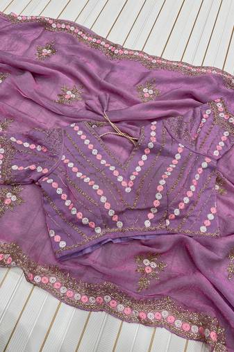Lavender Color Partywear Embroidered Chiffon Saree