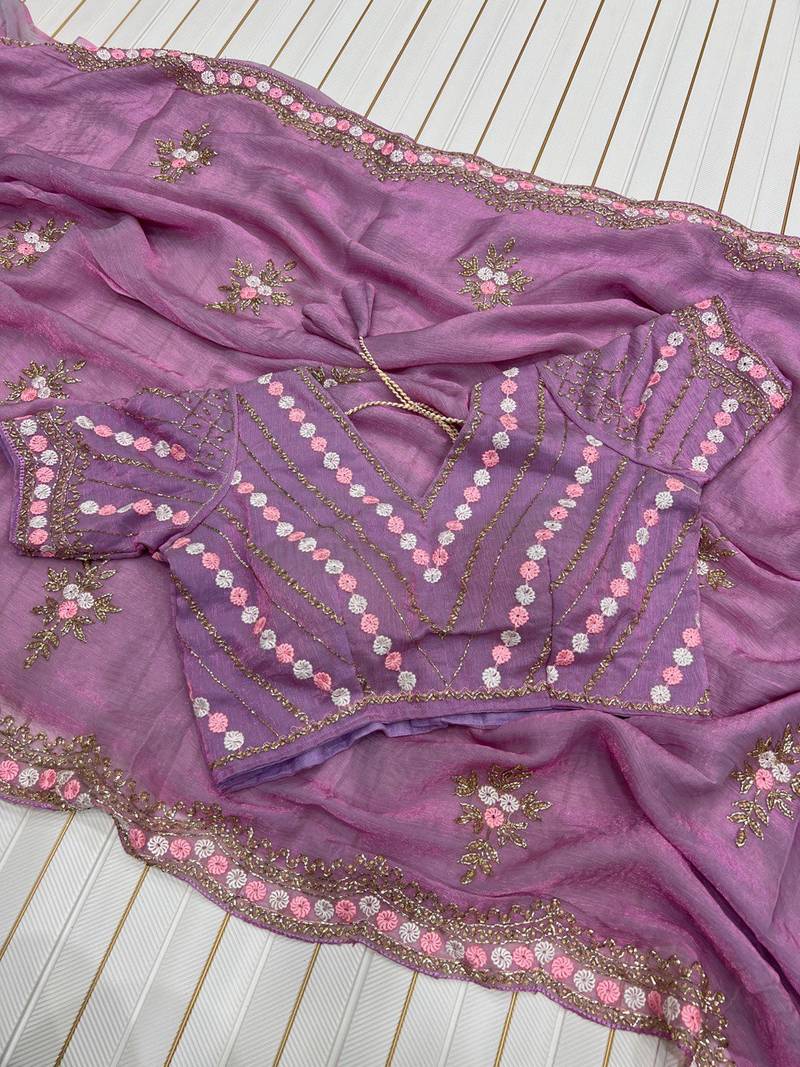 Lavender Color Partywear Embroidered Chiffon Saree