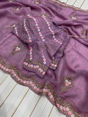 Lavender Color Partywear Embroidered Chiffon Saree 2