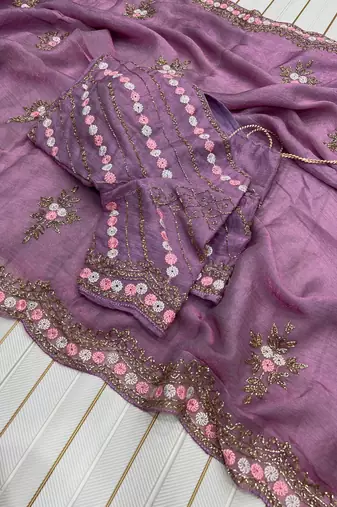 Lavender Color Partywear Embroidered Chiffon Saree