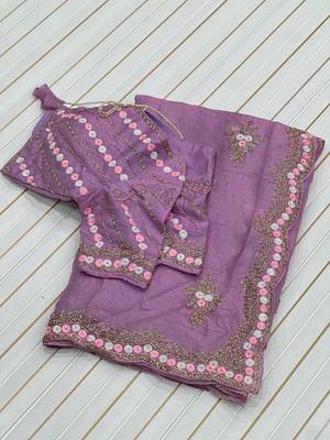 Lavender Color Partywear Embroidered Chiffon Saree 3