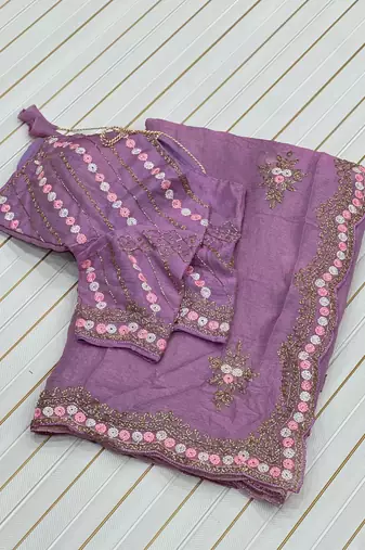 Lavender Color Partywear Embroidered Chiffon Saree