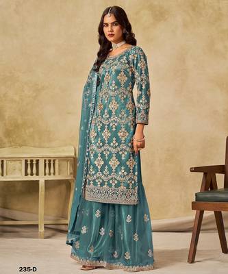 Teal blue embroidered net salwar suits  2