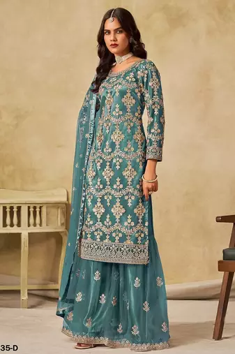 Teal blue embroidered net salwar suits 