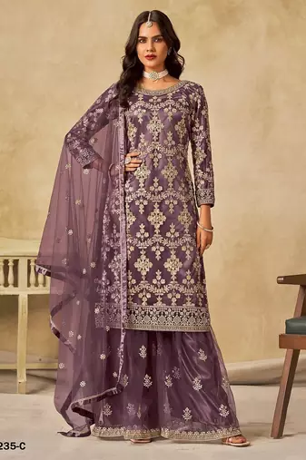 Purple embroidered net salwar suits size upto 48