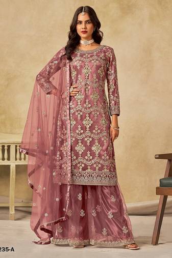 Peach embroidered net salwar suits 