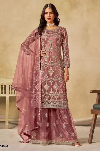Peach embroidered net salwar suits size upto 48