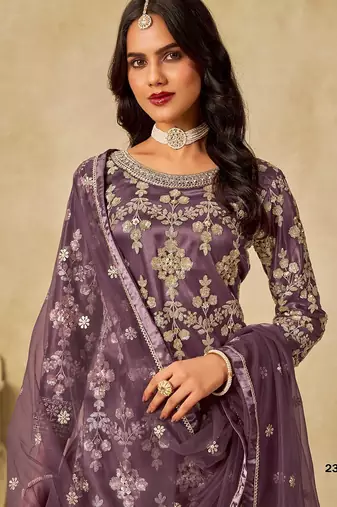 Purple embroidered net salwar suits 