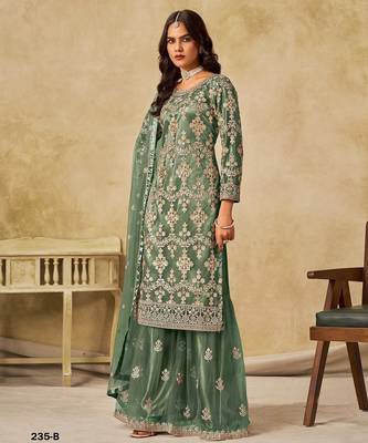 Green embroidered net salwar suits  2
