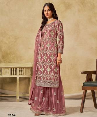 Peach embroidered net salwar suits  2