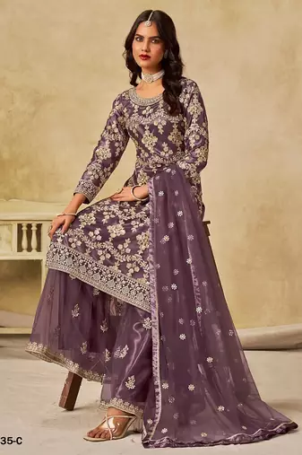 Purple embroidered net salwar suits 