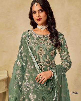 Green embroidered net salwar suits  3