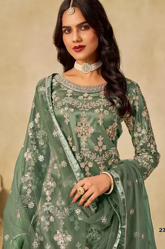 Green embroidered net salwar suits 