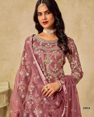 Peach embroidered net salwar suits  3