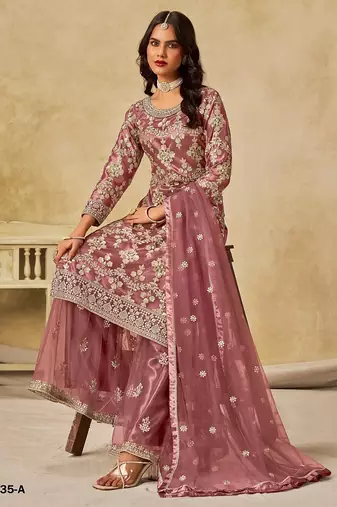 Peach embroidered net salwar suits 