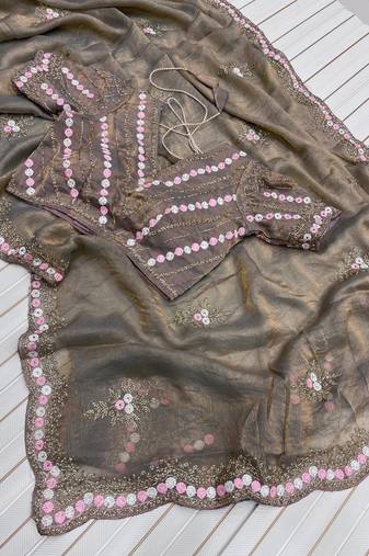 Olive Color Partywear Embroidered Chiffon Saree