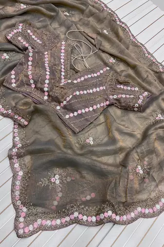 Olive Color Partywear Embroidered Chiffon Saree