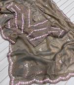 Olive Color Partywear Embroidered Chiffon Saree