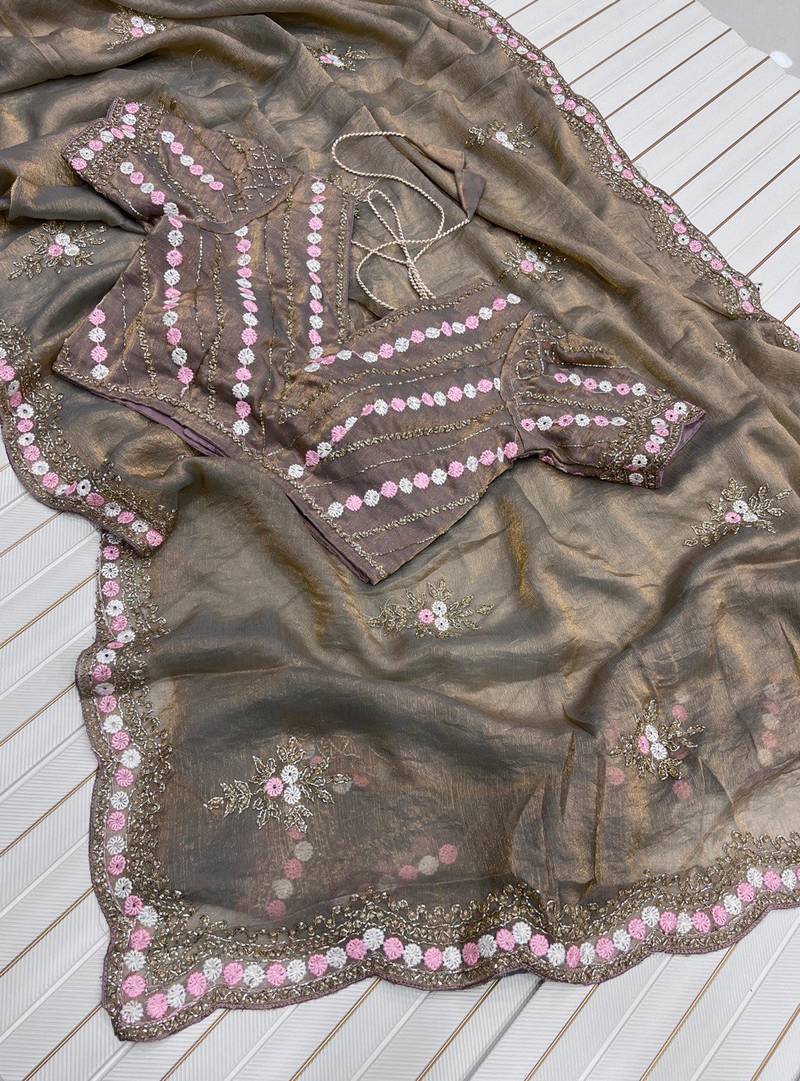 Olive Color Partywear Embroidered Chiffon Saree