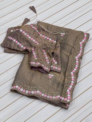 Olive Color Partywear Embroidered Chiffon Saree 3