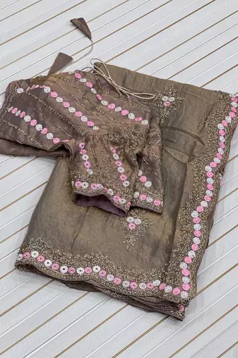 Olive Color Partywear Embroidered Chiffon Saree