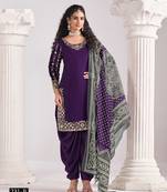 Violet silk embroidered semi stitched salwar suits size upto 46