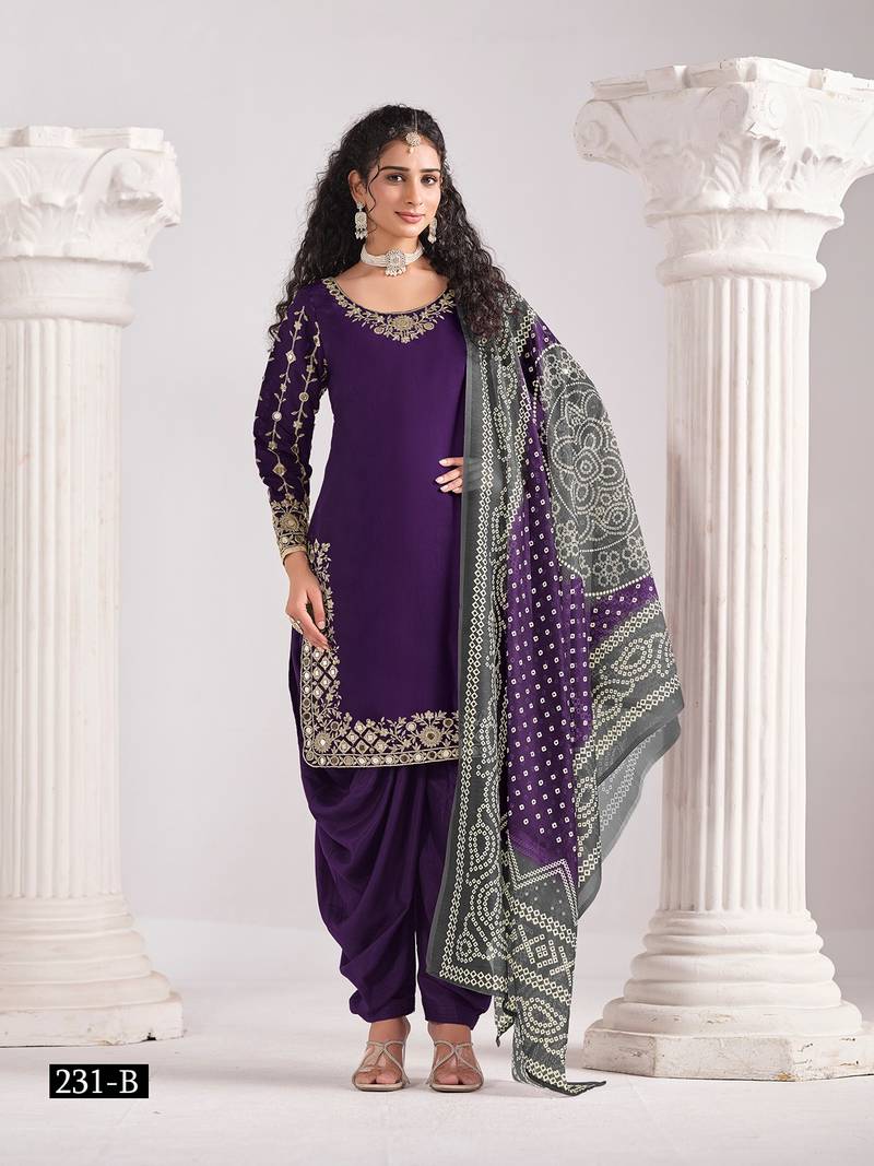 Violet silk embroidered semi stitched salwar suits size upto 46