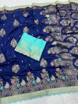 Navy Blue Color Heavy Zari Weaving Dola SIlk Blnd Saree 1