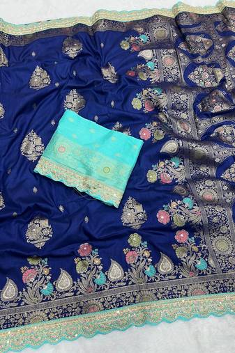 Navy Blue Color Heavy Zari Weaving Dola SIlk Blnd Saree