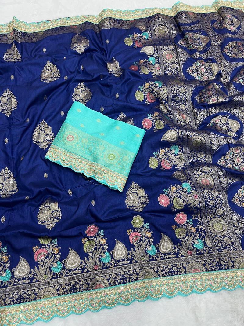 Navy Blue Color Heavy Zari Weaving Dola SIlk Blnd Saree