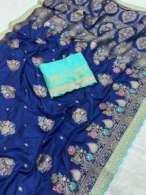Navy Blue Color Heavy Zari Weaving Dola SIlk Blnd Saree 2