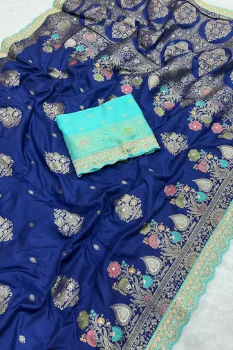 Navy Blue Color Heavy Zari Weaving Dola SIlk Blnd Saree