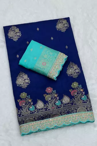 Navy Blue Color Heavy Zari Weaving Dola SIlk Blnd Saree