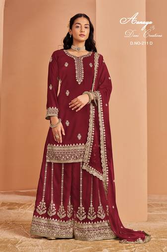 Red faux georgette embroidered salwar suit 