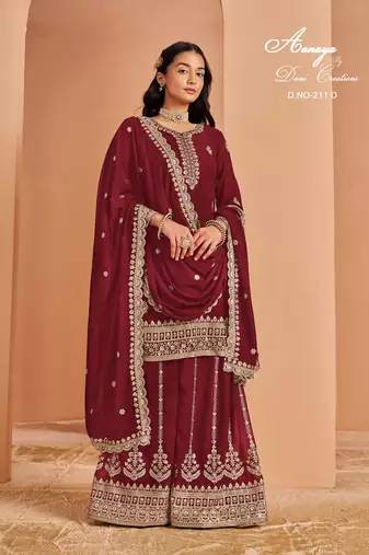 Red faux georgette embroidered salwar suit 