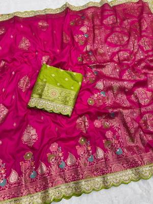 Rani Pink Color Heavy Zari Weaving Dola SIlk Blnd Saree 1